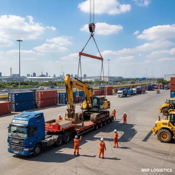 3. Cẩu máy đào lên rơ moóc lùn