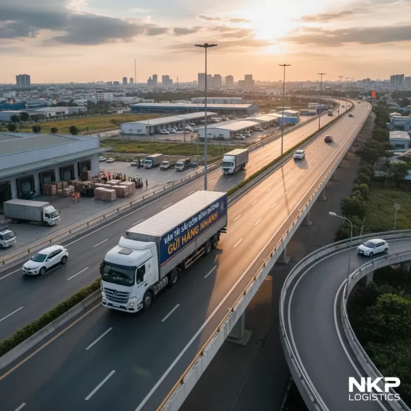 1. Xe tải lướt trên cao tốc nối liền Sài Gòn và Bình Dương.