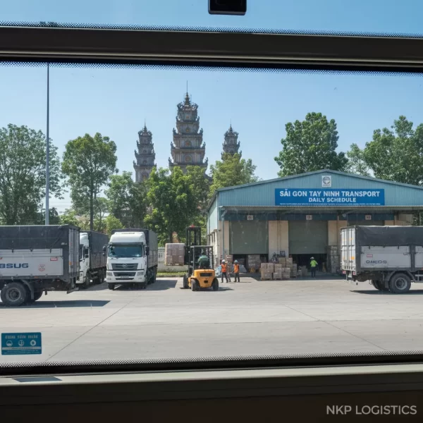 2. Cửa sổ xe khách nhìn ra Tòa Thánh Tây Ninh