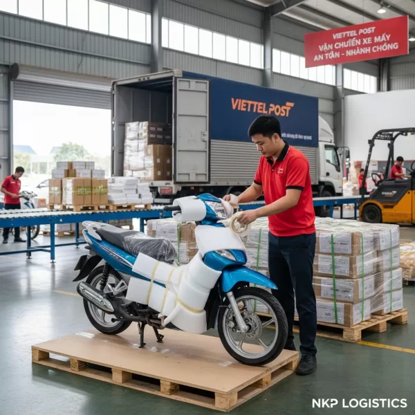 1. Nhân viên Viettel Post bọc xe máy cẩn thận