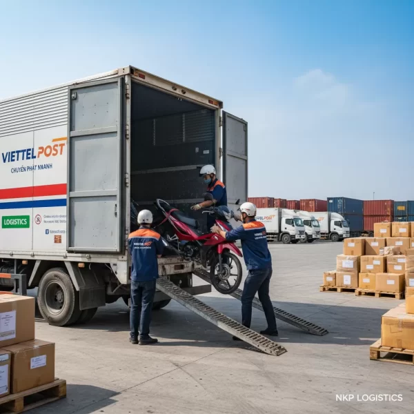 2. Xe máy được đưa lên thùng xe tải Viettel Post