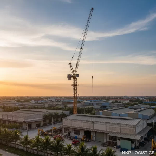 3. Xe cẩu vươn cao giữa các nhà xưởng ở Bến Cát