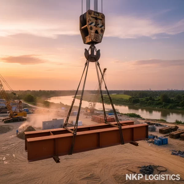 4. Cận cảnh móc cẩu đang nâng kết cấu thép