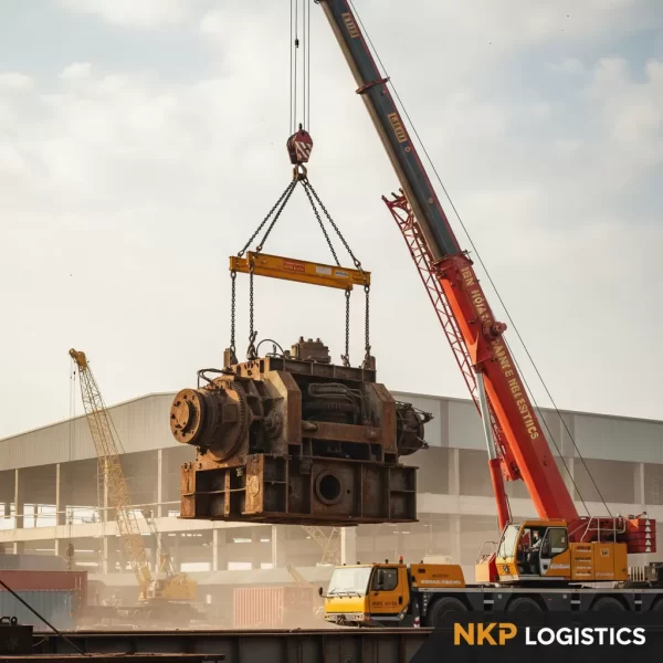 1. Cận cảnh xe cẩu đang nâng một khối máy móc công nghiệp nặng.