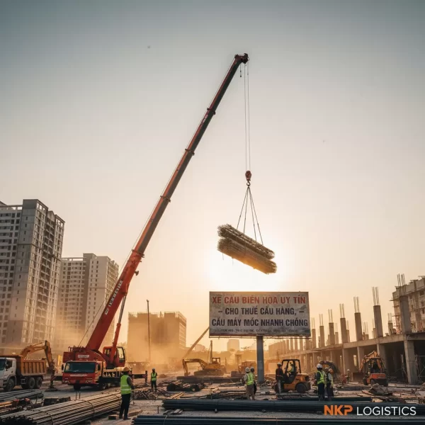 2. Xe cẩu vươn cao cẩu vật liệu tại công trường xây dựng ở Biên Hòa.