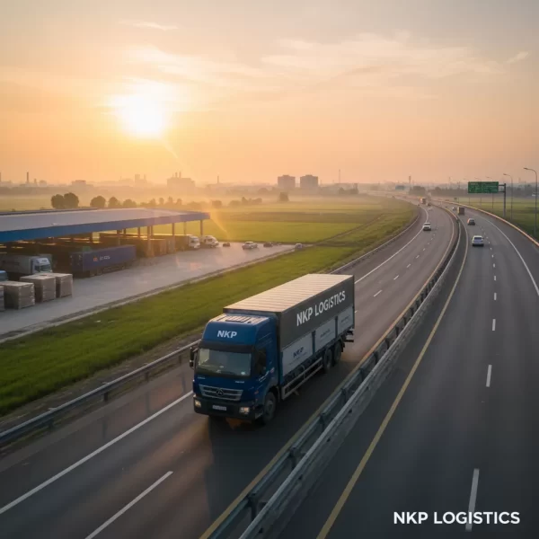 1. Xe tải lướt nhanh trên cao tốc Hà Nội - Bắc Ninh lúc bình minh.