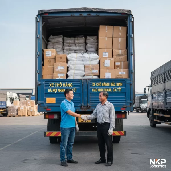 2. Tài xế và chủ hàng bắt tay trước thùng xe đầy ắp hàng hóa.