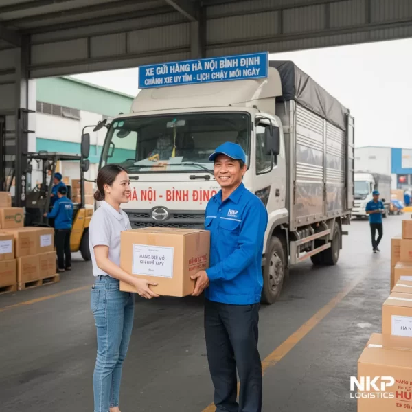 3. Tài xế nhận hàng từ khách, nụ cười tin cậy