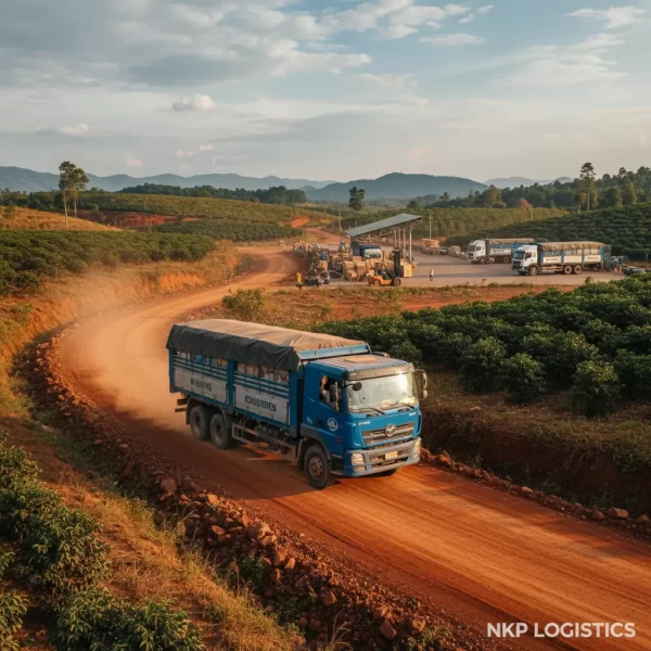 1. Xe tải trên con đường đất đỏ bazan đặc trưng.