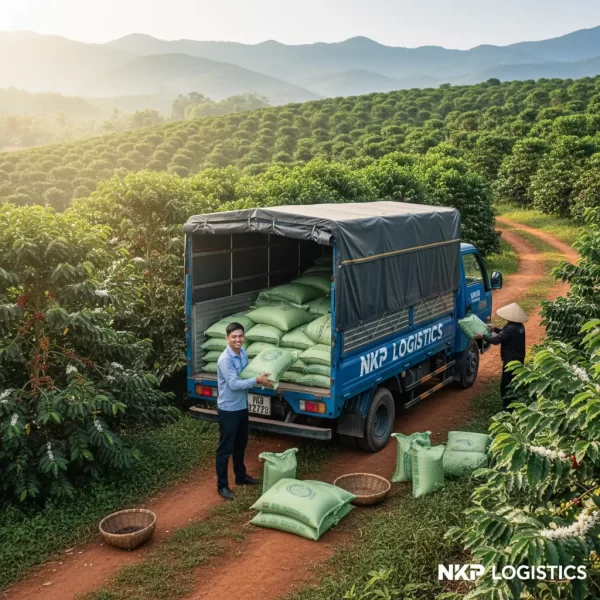 2. Tài xế giao nhận nông sản tại vườn cà phê Đắk Lắk.