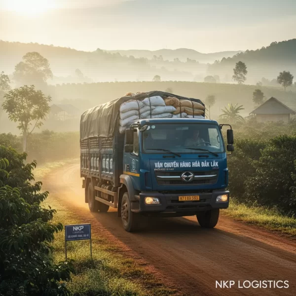 3. Chiếc xe tải lăn bánh trong sương sớm Tây Nguyên.