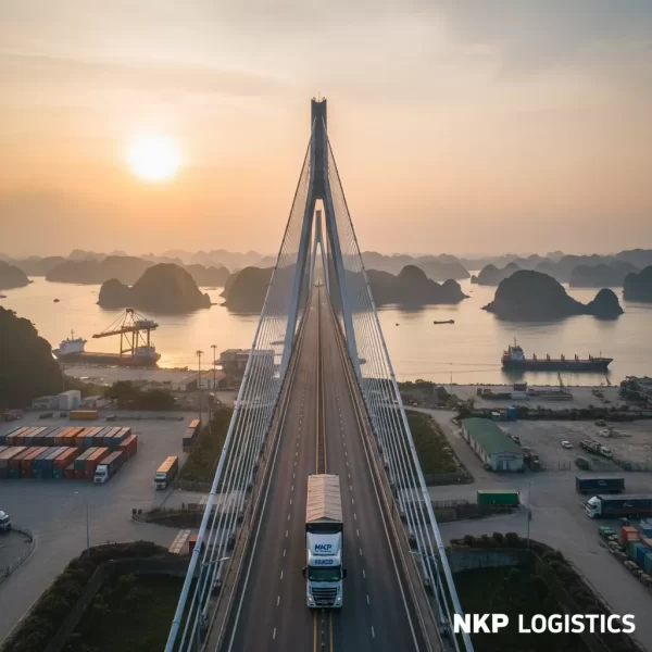 1. Xe tải băng qua Cầu Bãi Cháy lúc bình minh