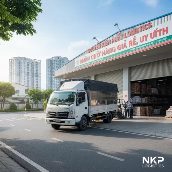 2. Xe tải sạch sẽ đậu trước một địa chỉ kinh doanh ở Quận 7.