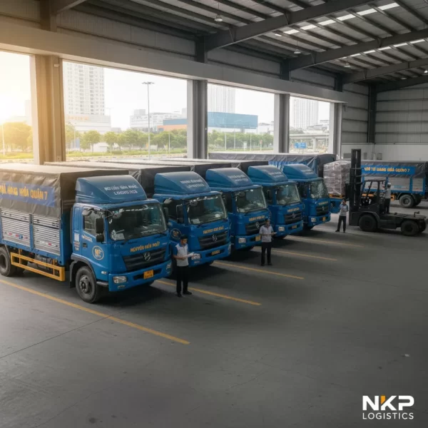 4. Đội xe tải Nguyễn Kiên Phát xếp hàng ngay ngắn, sẵn sàng khởi hành.