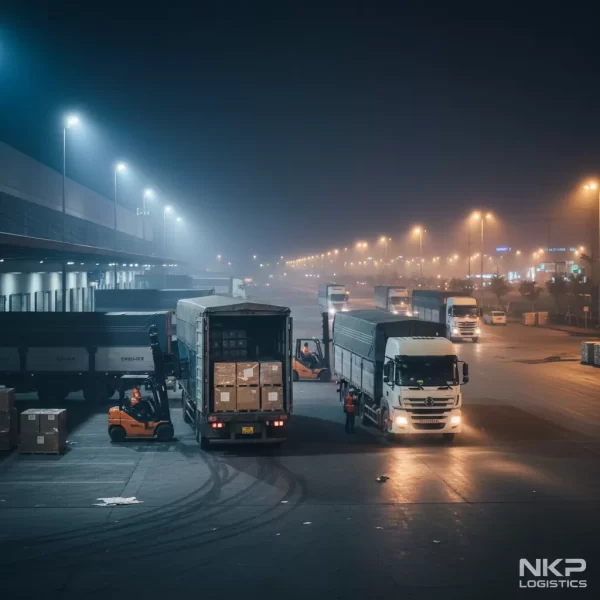 1. Xe tải bốc hàng ban đêm tại kho Liên Chiểu.