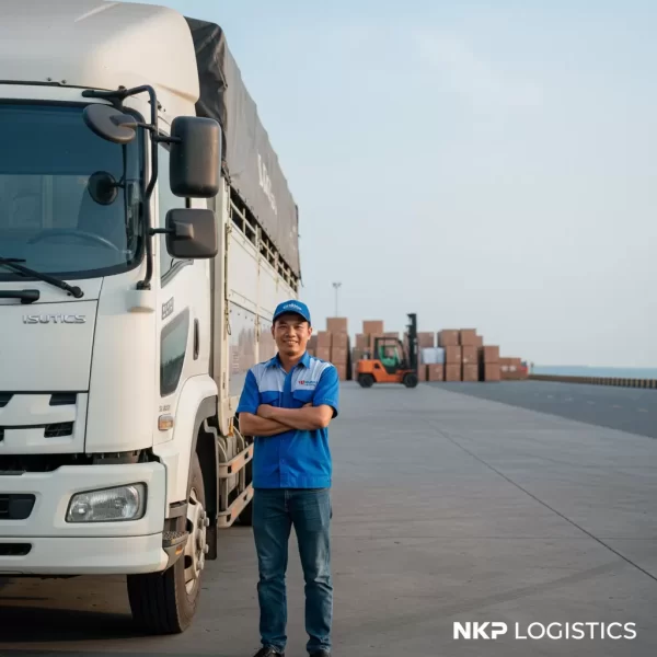 2. Tài xế thân thiện bên cạnh xe tải ở Đà Nẵng.