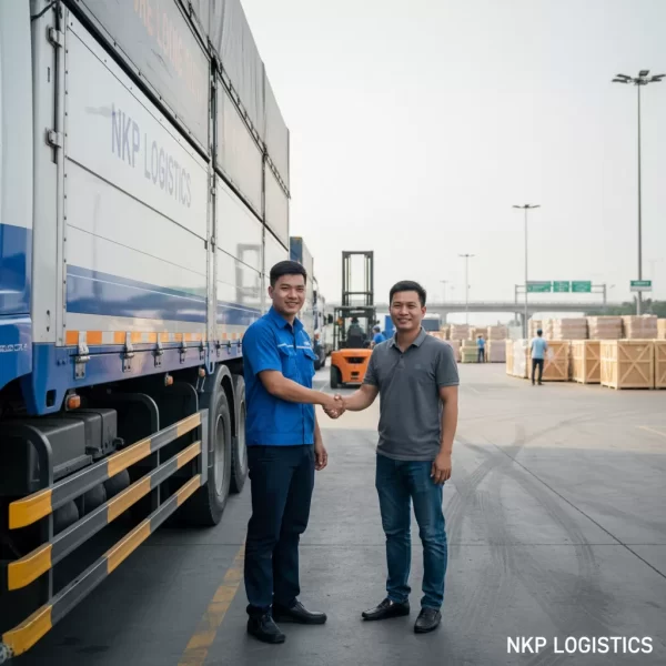 3. Tài xế bắt tay khách hàng, nền là xe tải sạch sẽ