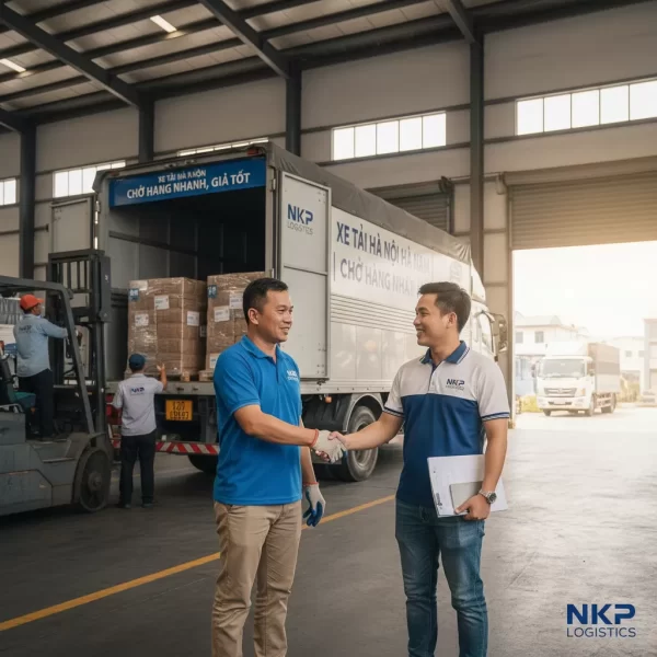 2.  Tài xế bắt tay khách hàng tại kho Hà Nội