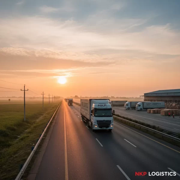 4.  Xe tải vào bình minh trên tuyến đường Hà Nam