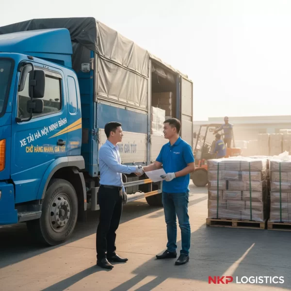 2.  Cái bắt tay hợp tác giữa tài xế và khách hàng bên thùng xe.