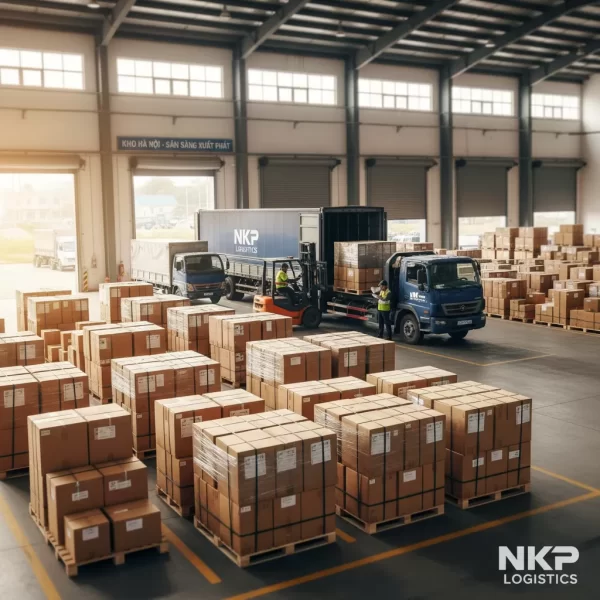 3.  Hàng hóa được sắp xếp gọn gàng, sẵn sàng xuất phát từ kho Hà Nội.