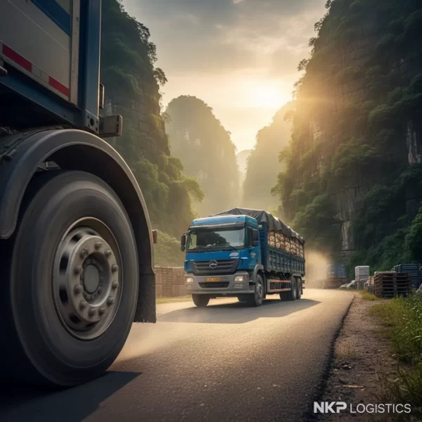 4.  Bánh xe tải lăn vội trên con đường dẫn vào di sản Tràng An.